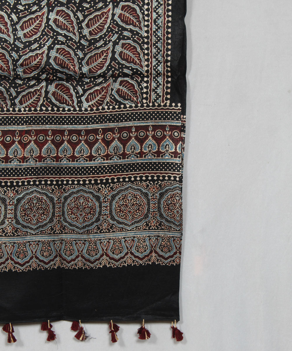 Black maroon multicolor hand block printed mashru silk ajrakh stole