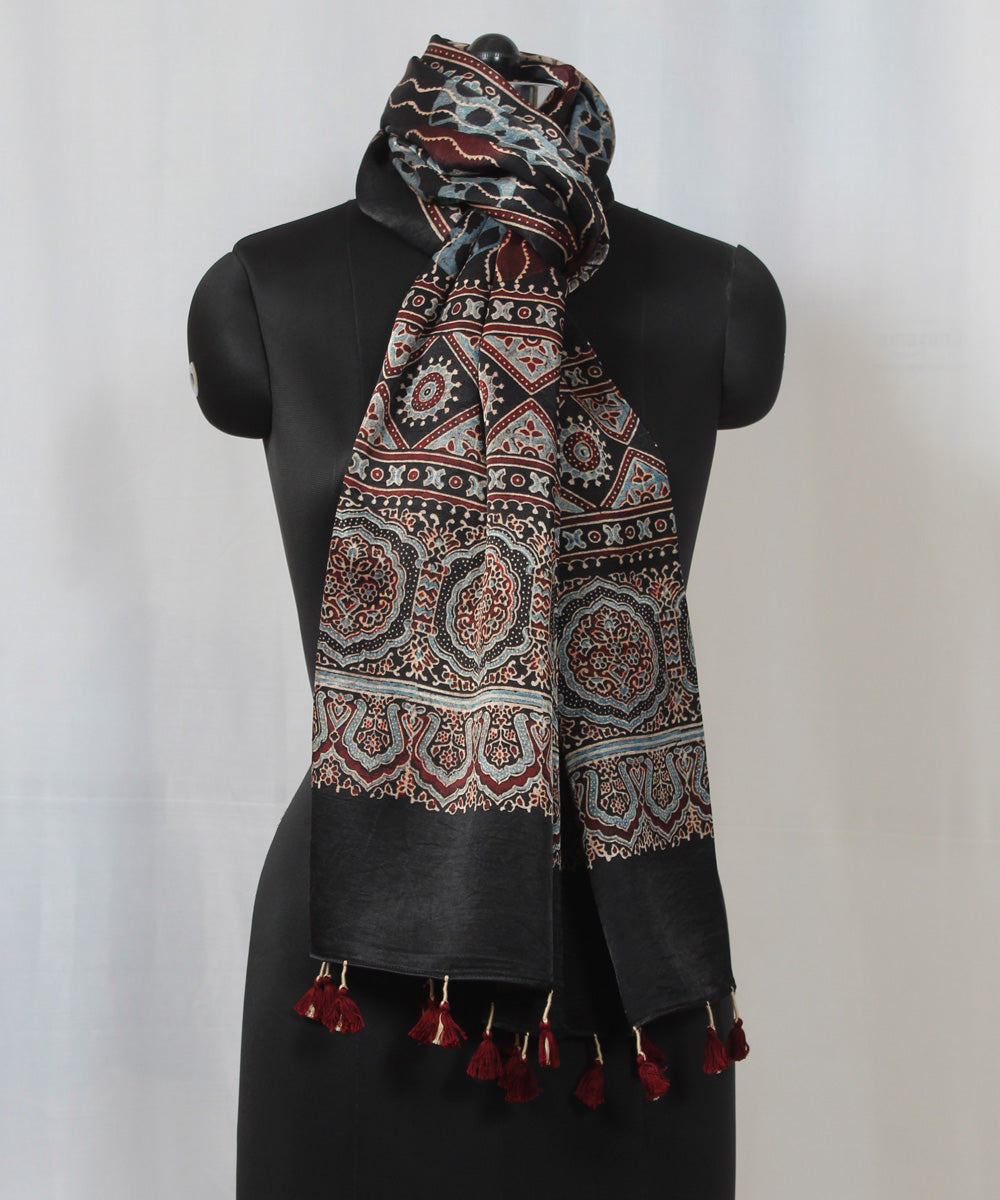 Black and multicolor hand block printed mashru silk ajrakh stole