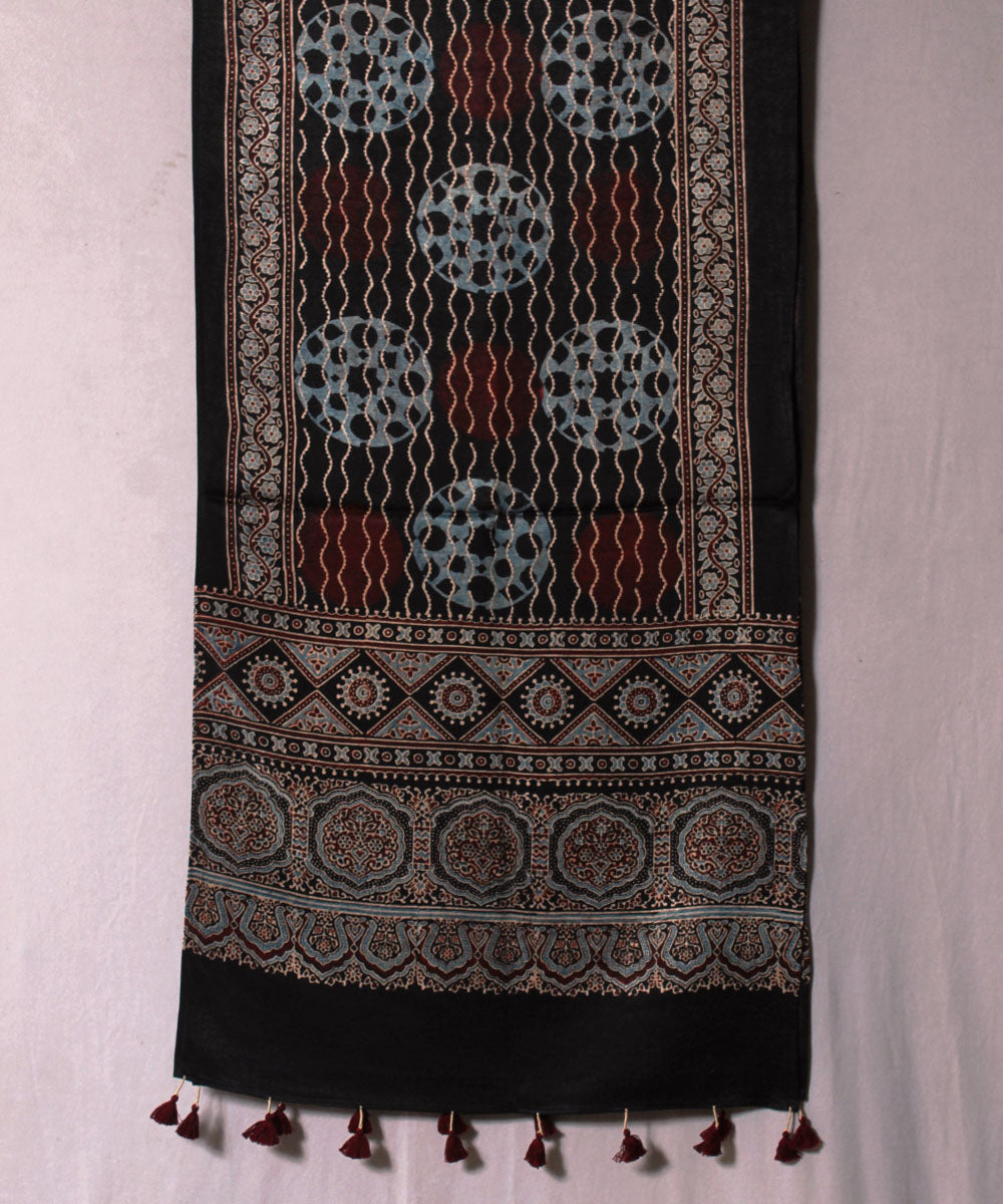 Black and multicolor hand block printed mashru silk ajrakh stole