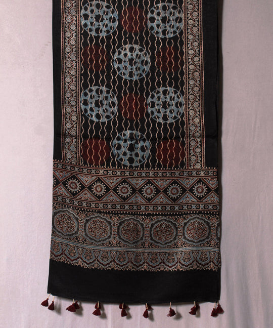 Black and multicolor hand block printed mashru silk ajrakh stole