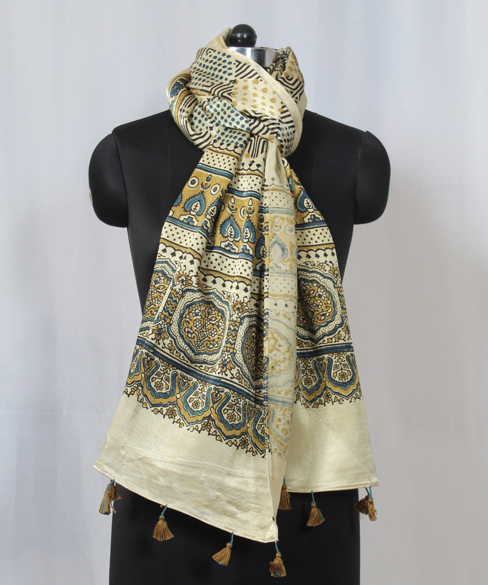 Geometric beige multicolor hand block printed mashru silk ajrakh stole