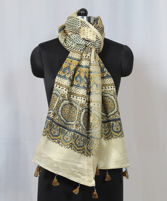 Geometric beige multicolor hand block printed mashru silk ajrakh stole