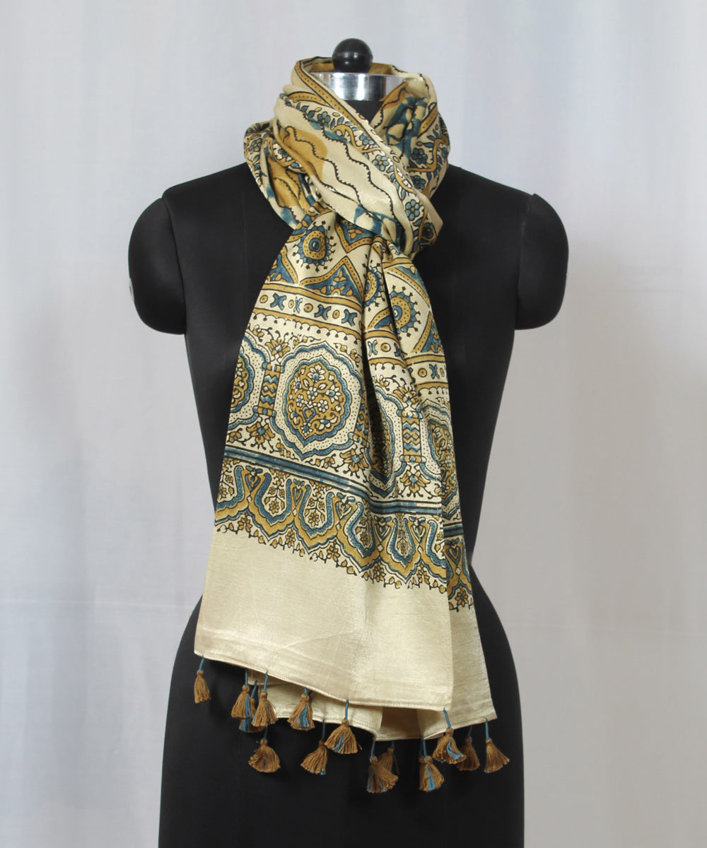 Cream multicolor hand block printed mashru silk ajrakh stole