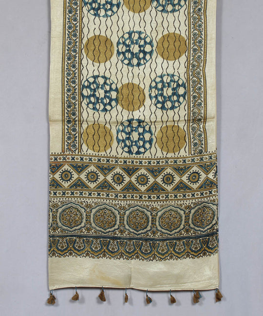 Cream multicolor hand block printed mashru silk ajrakh stole