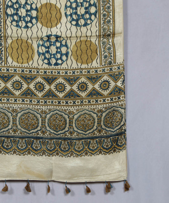 Cream multicolor hand block printed mashru silk ajrakh stole