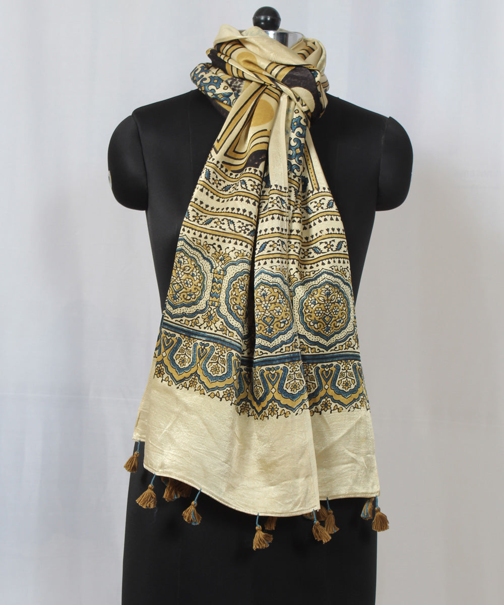 Beige black multicolor hand block printed mashru silk ajrakh stole