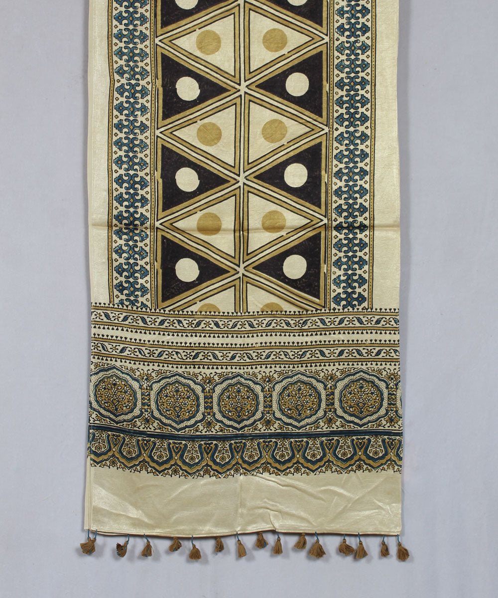 Beige black multicolor hand block printed mashru silk ajrakh stole