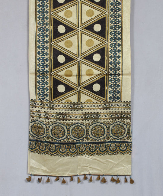 Beige black multicolor hand block printed mashru silk ajrakh stole