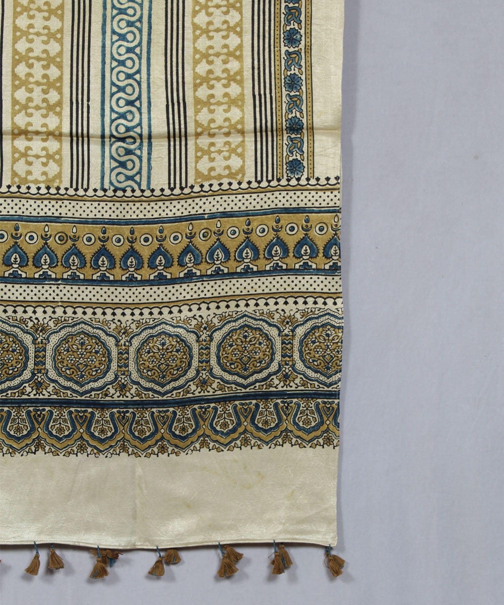 Cream with multicolor hand block printed mashru silk ajrakh stole