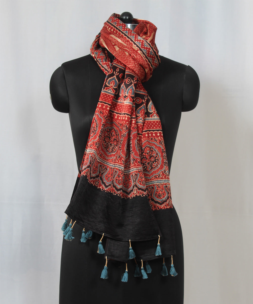 Red multicolor hand block printed mashru silk ajrakh stole