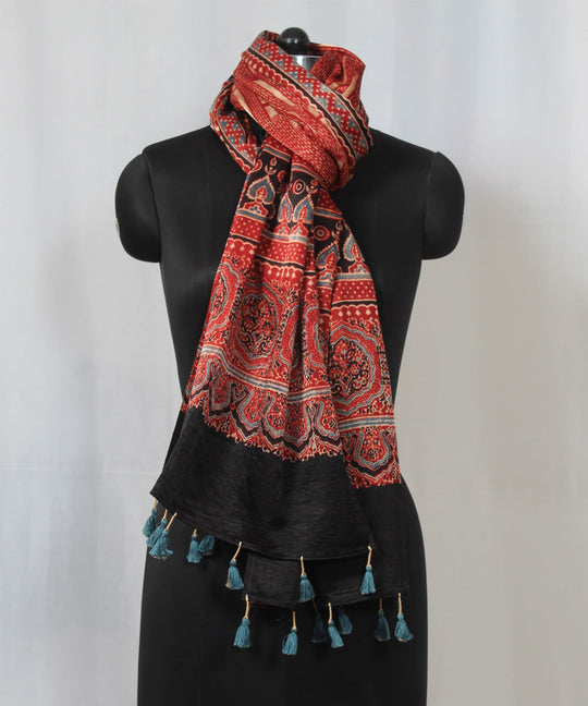Red multicolor hand block printed mashru silk ajrakh stole