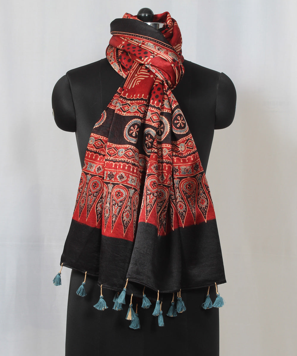Red black hand block printed mashru silk ajrakh stole