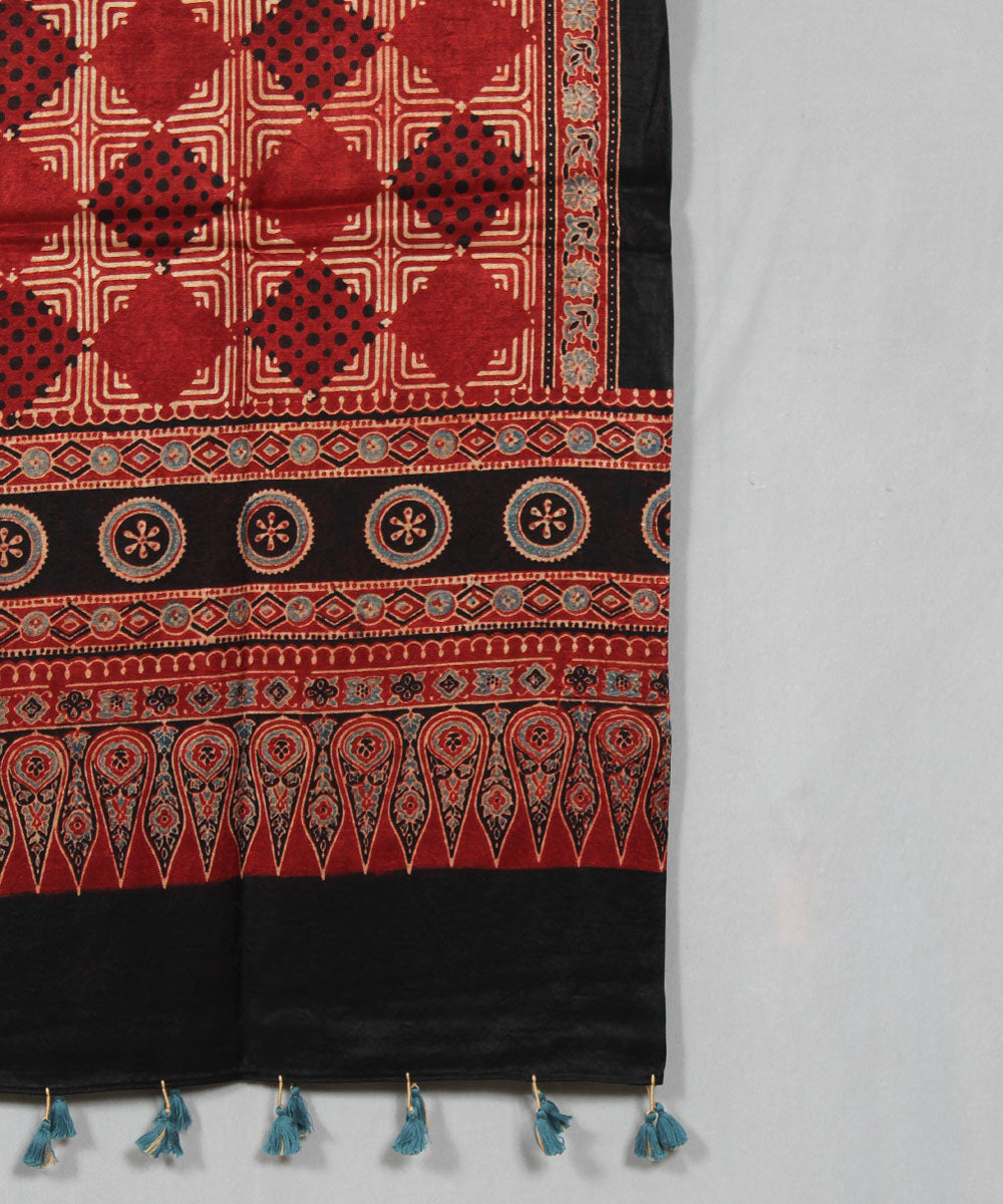Red black hand block printed mashru silk ajrakh stole