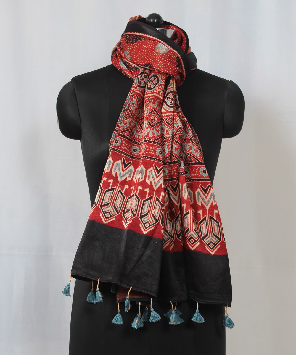 Red hand block printed mashru silk ajrakh stole