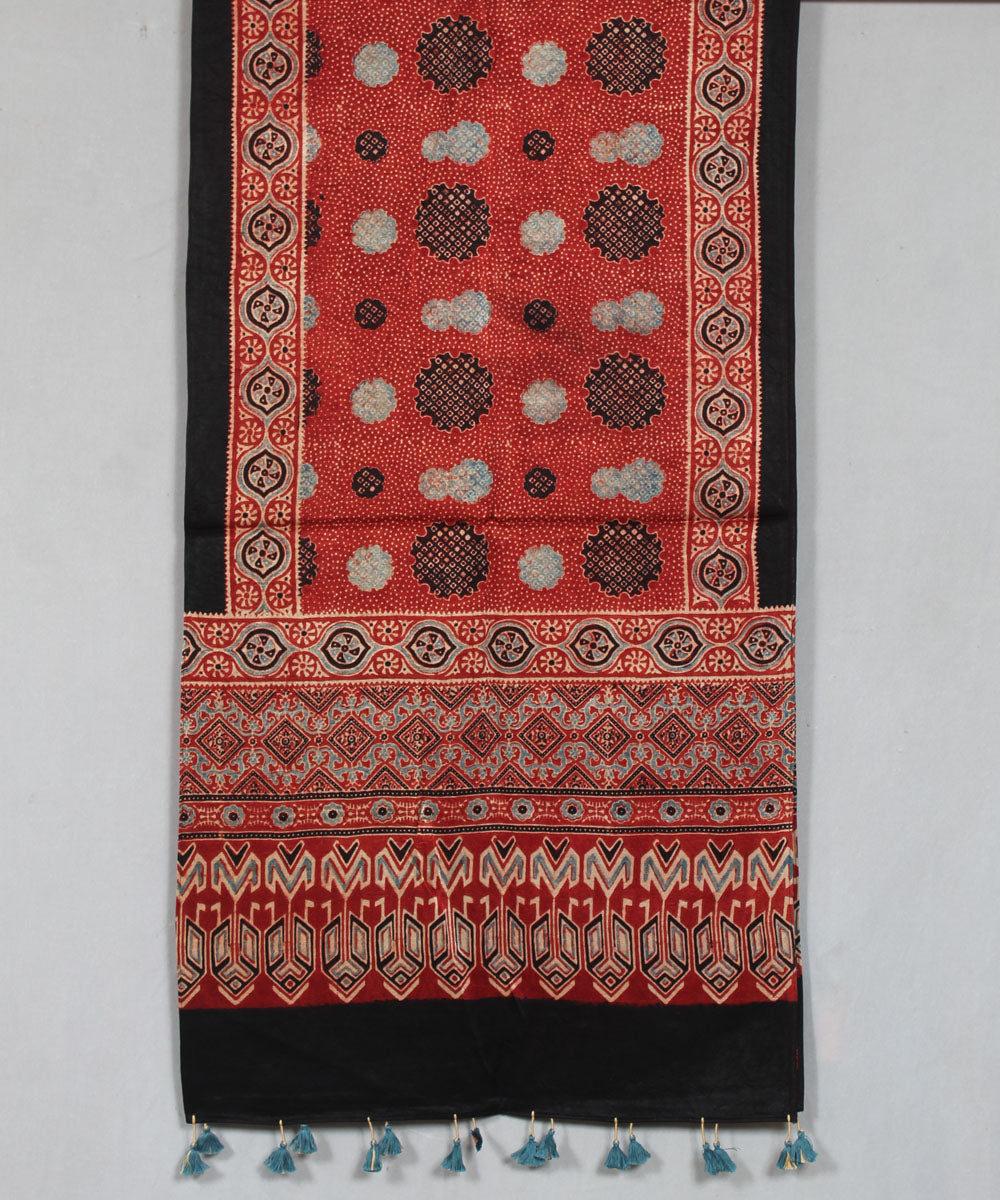 Red hand block printed mashru silk ajrakh stole
