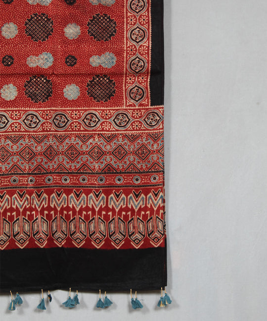 Red hand block printed mashru silk ajrakh stole