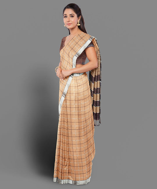 Beige handwoven cotton mangalagiri saree