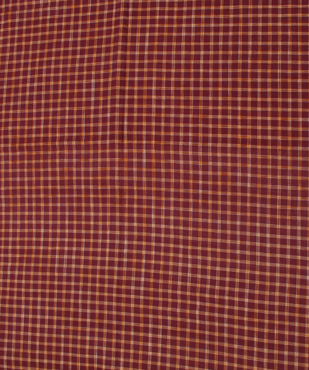 Brown yellow checks handwoven cotton fabric