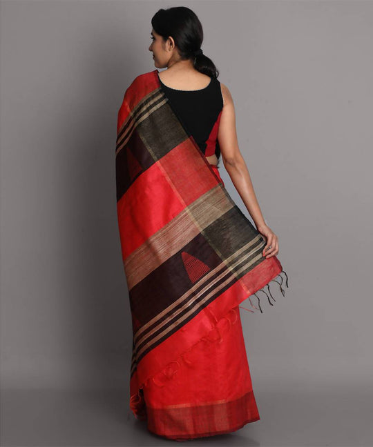 Red orange handwoven tussar silk saree