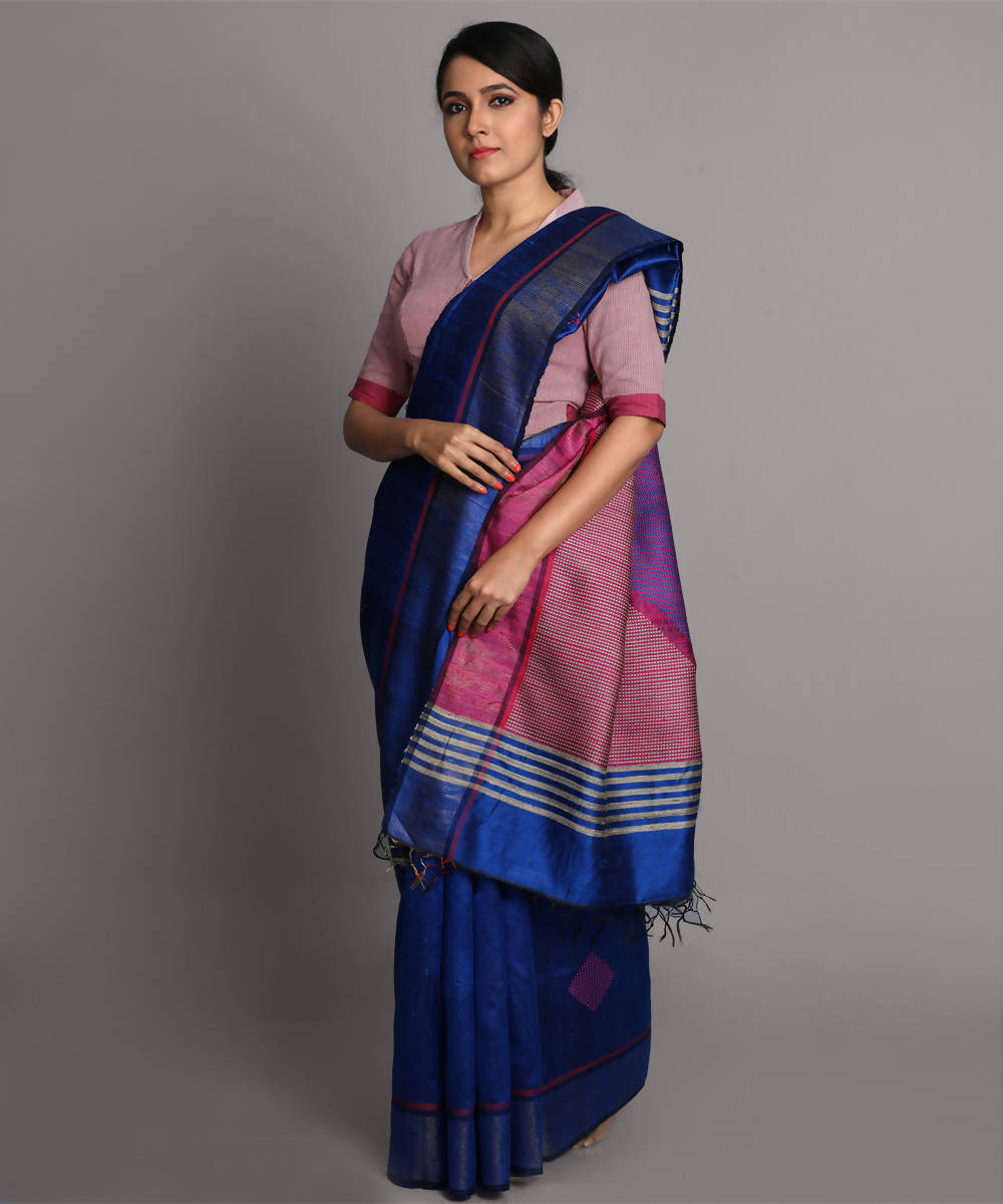 Deep blue handwoven tussar silk saree