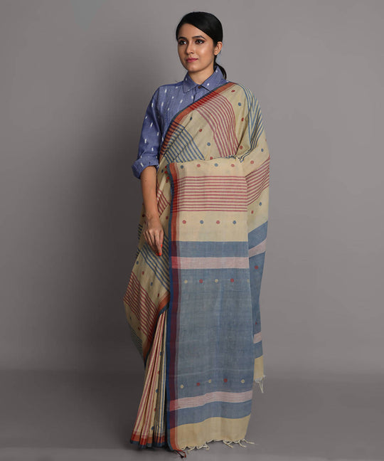 Beige blue cotton srikakulam jamdani handwoven saree