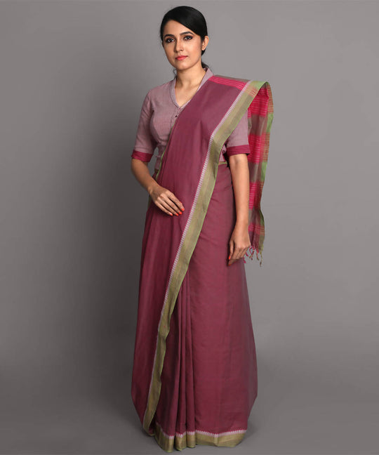 Mauve cotton handwoven saree