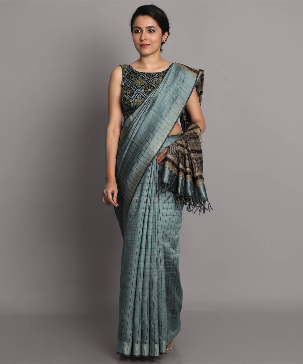 Blue grey handwoven tussar silk saree