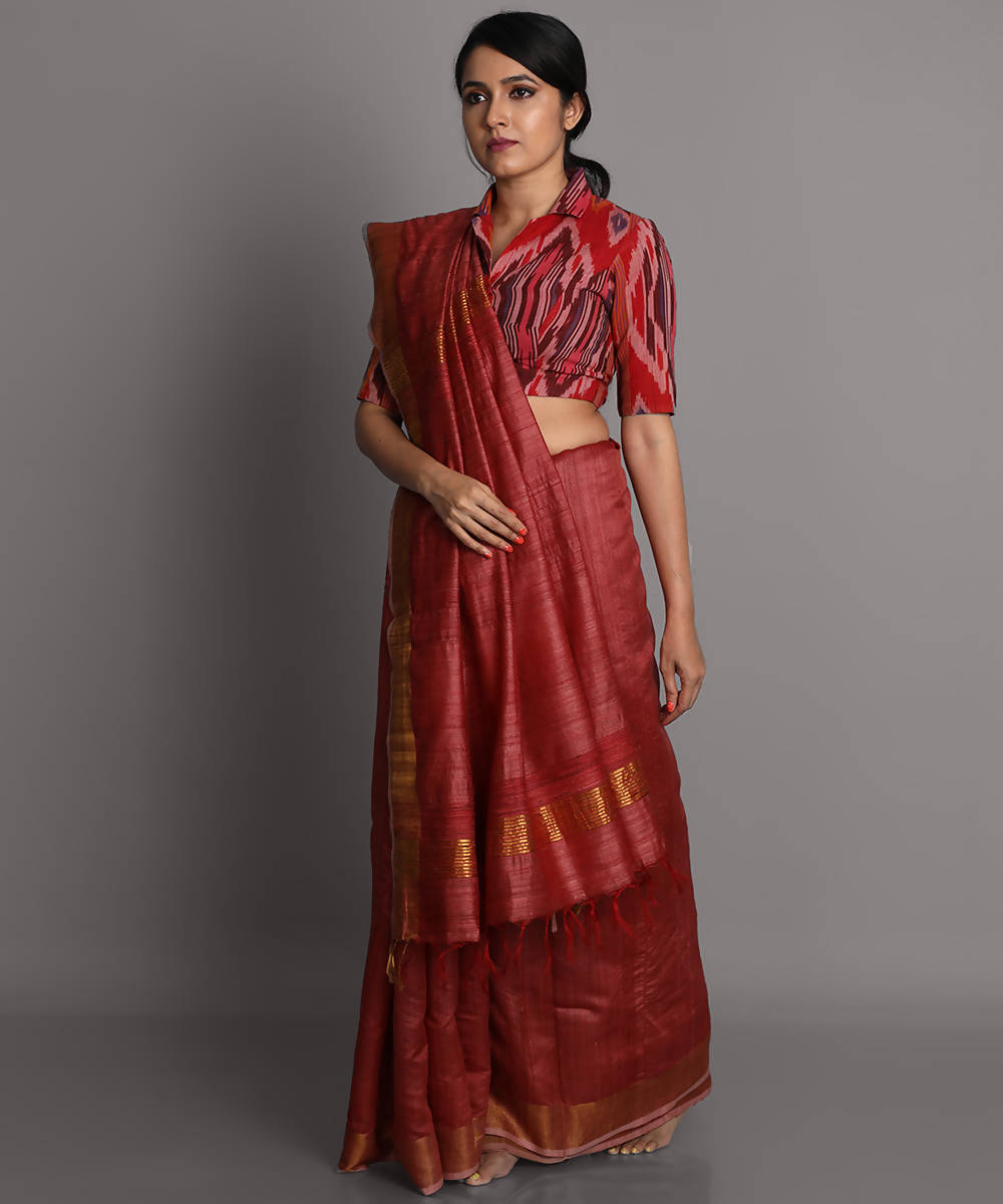 Light red handwoven tussar silk saree