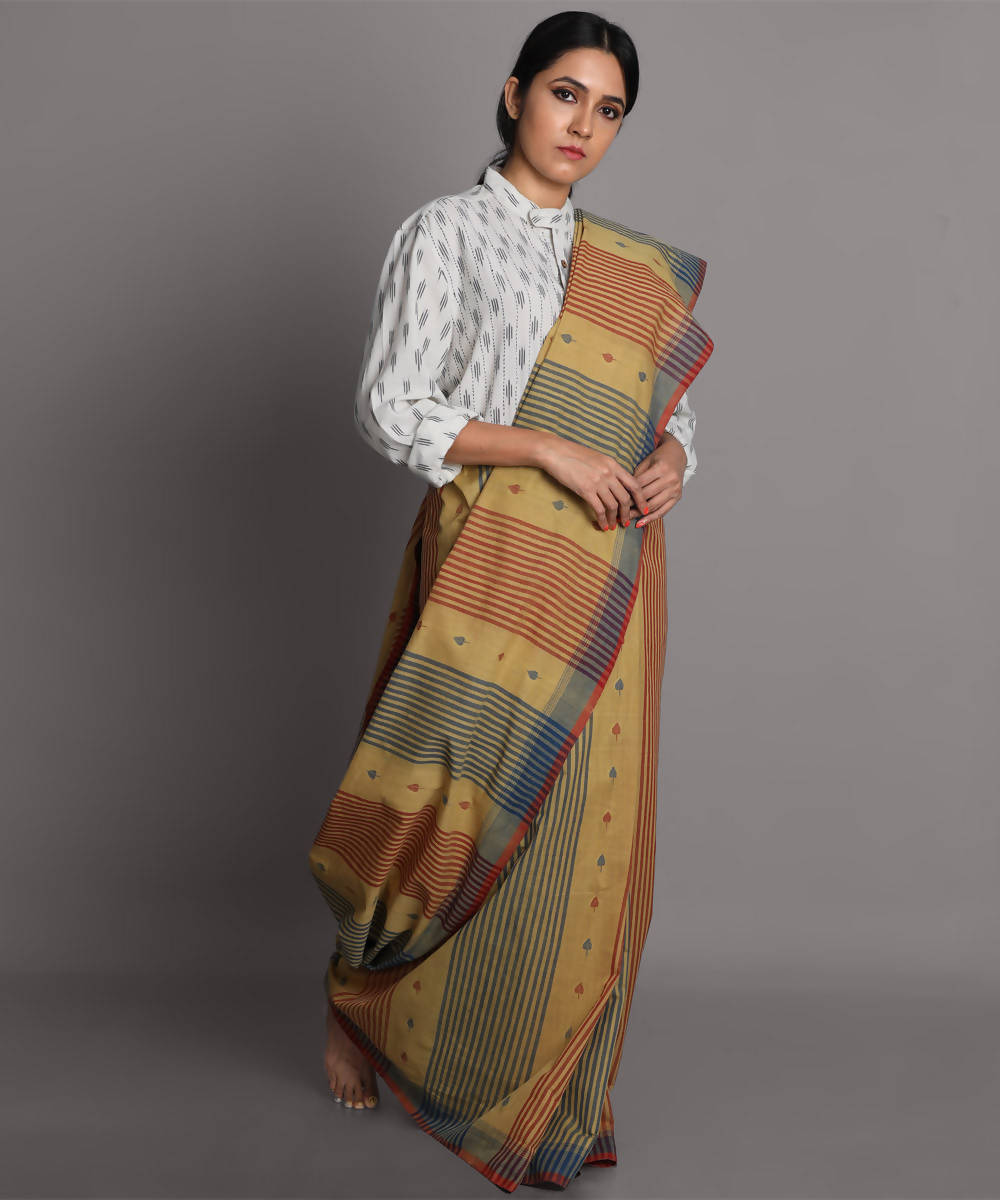 Brown blue cotton srikakulam jamdani handwoven saree
