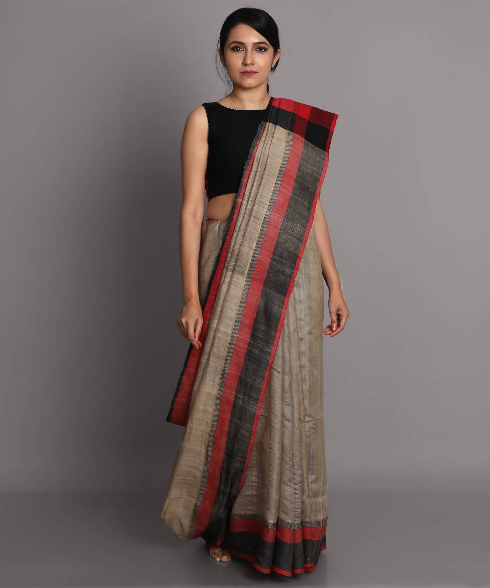 Beige handwoven tussar silk saree