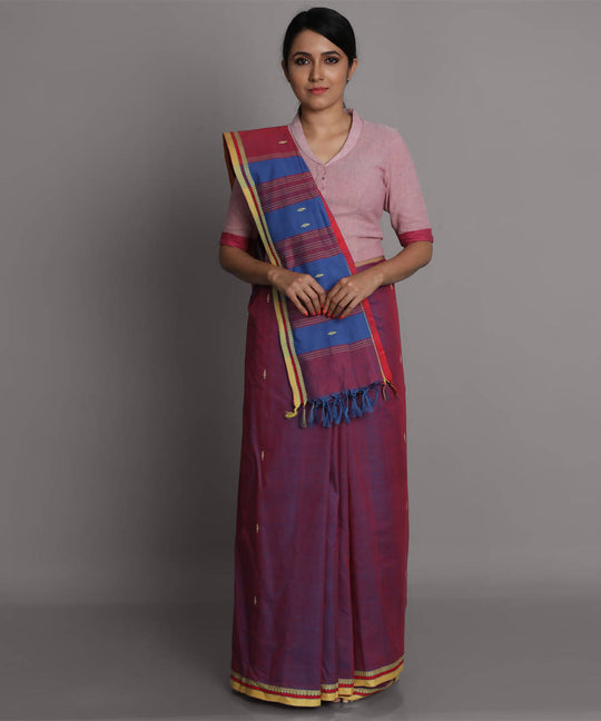 Magenta blue cotton handwoven saree