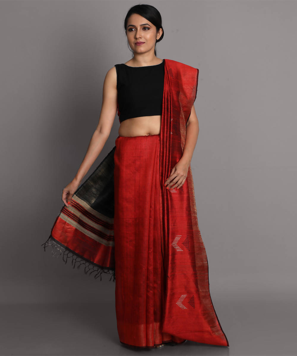 Red maroon handwoven tussar silk saree