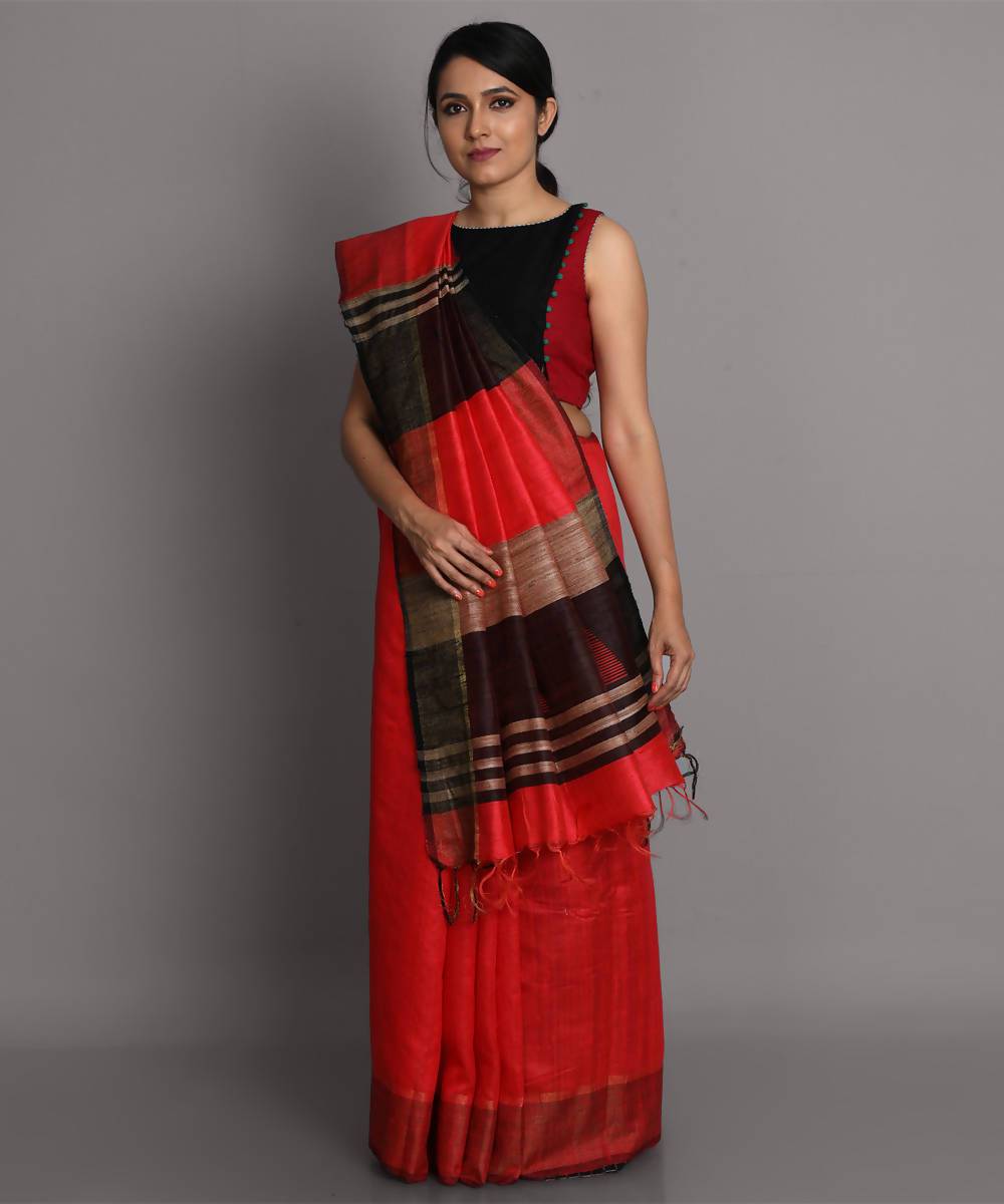 Red orange handwoven tussar silk saree