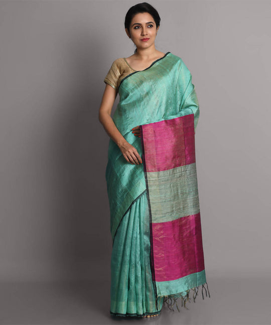 Aqua green handwoven tussar silk saree
