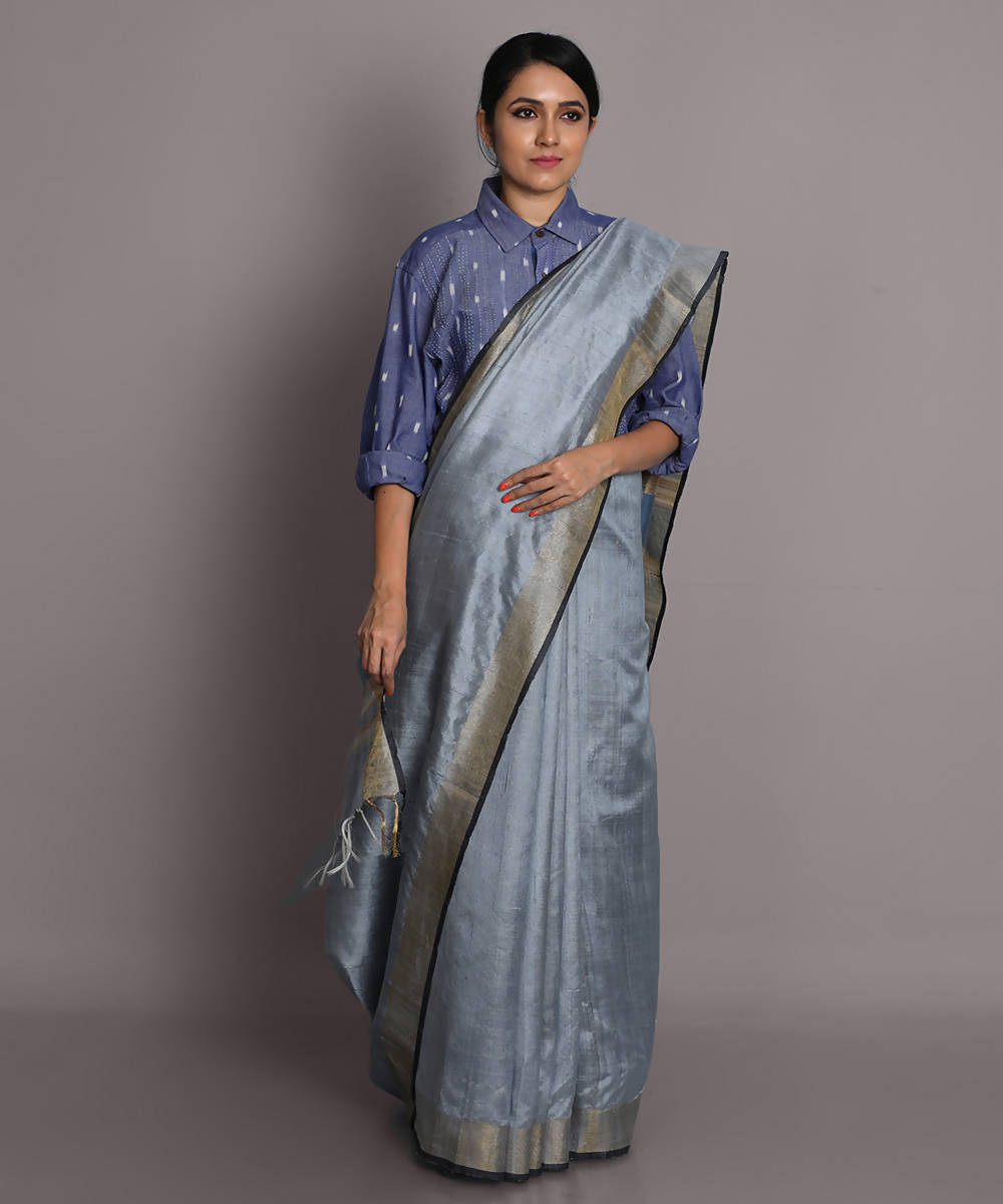 Silver grey handwoven tussar silk saree