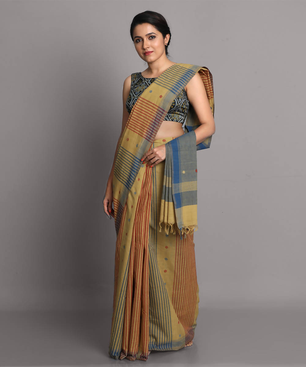Beige blue jamdani cotton handwoven saree