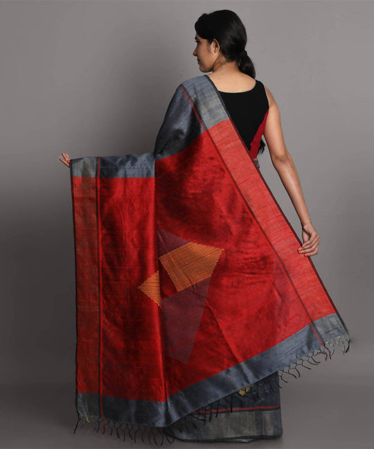 Grey and red handwoven tussar silk saree