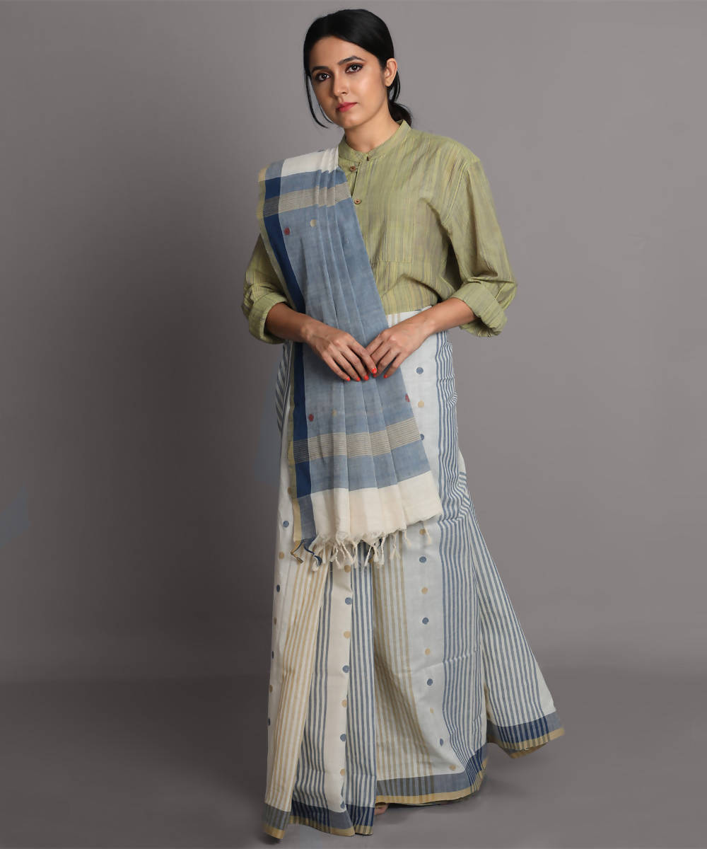White and blue cotton srikakulam jamdani handwoven saree