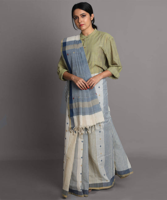 White and blue cotton srikakulam jamdani handwoven saree