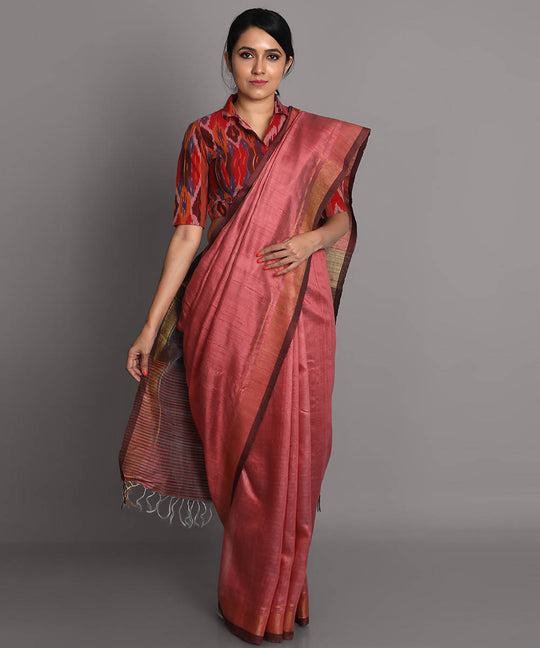 Peach pink handwoven tussar silk saree