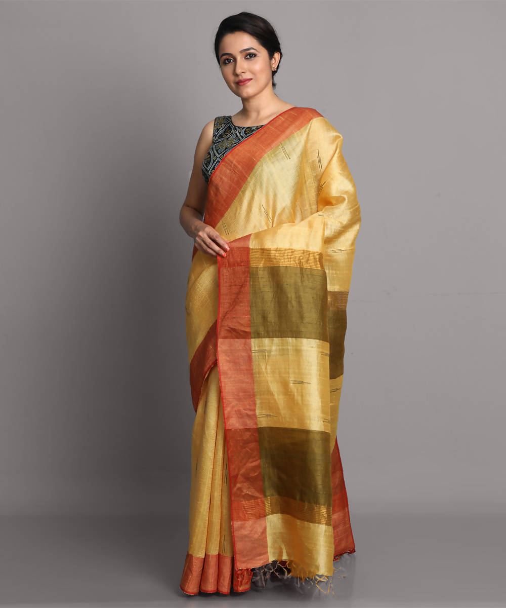 Lemon yellow handwoven tussar silk saree