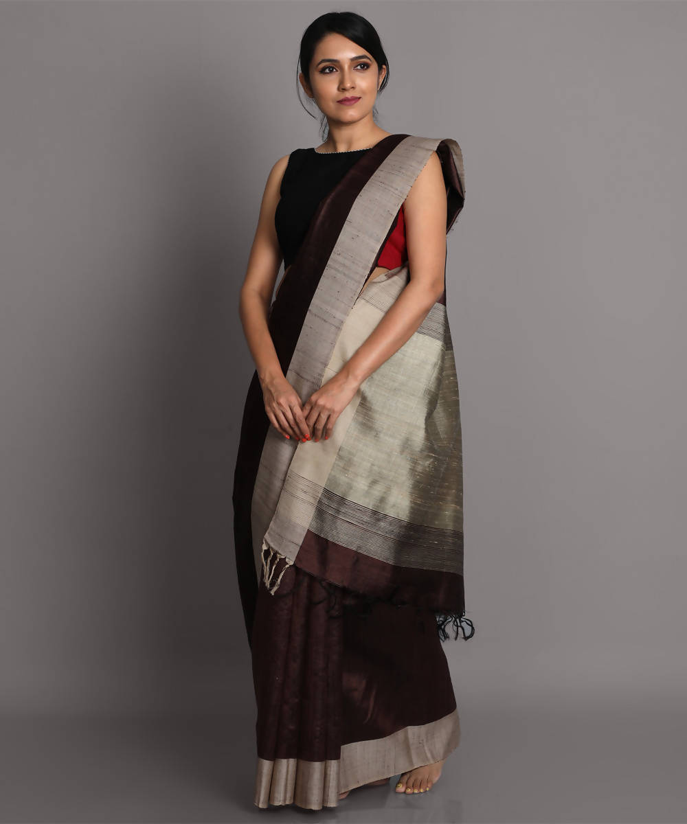 Dark brown handwoven tussar silk saree