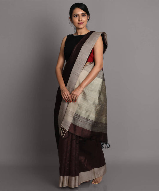 Dark brown handwoven tussar silk saree