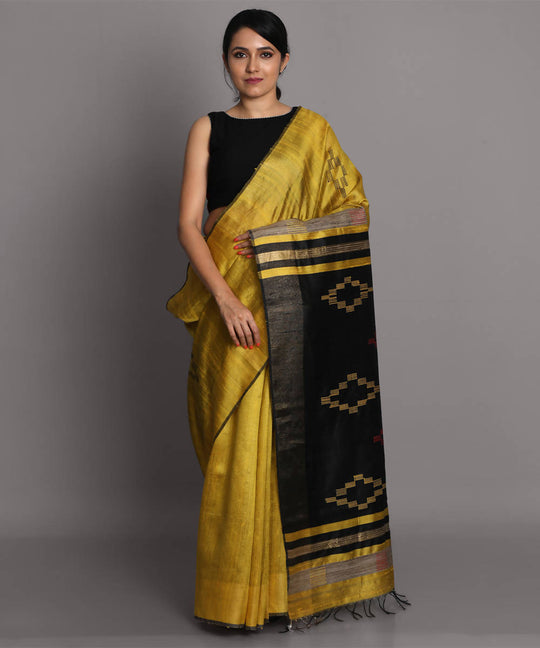 Yellow and black handwoven tussar silk saree