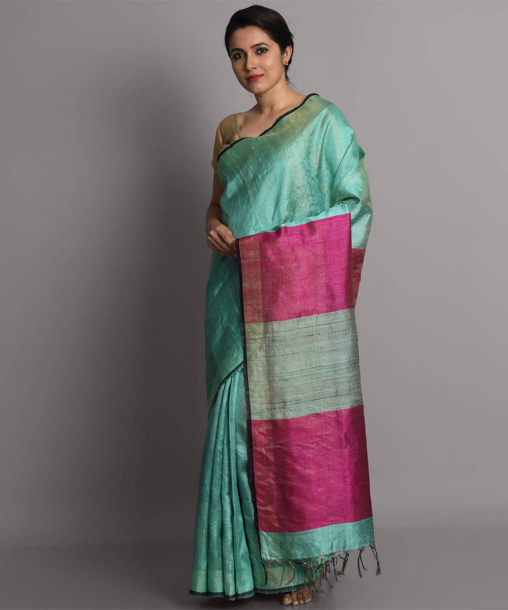 Aqua green handwoven tussar silk saree