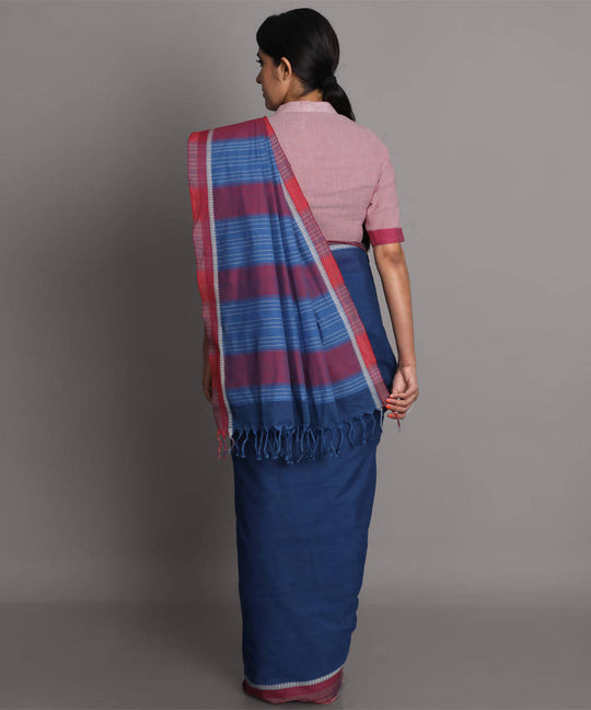 Dark blue cotton handwoven saree