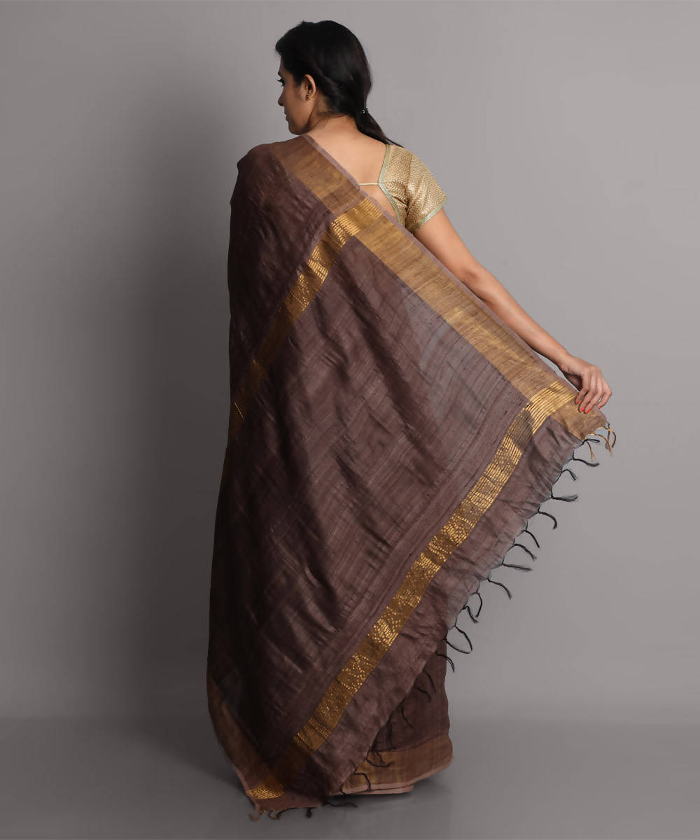 Dark brown handwoven tussar silk saree