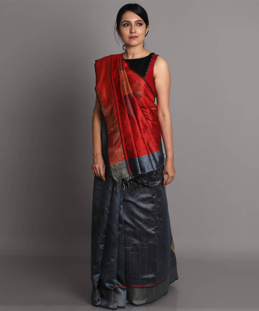 Grey and red handwoven tussar silk saree