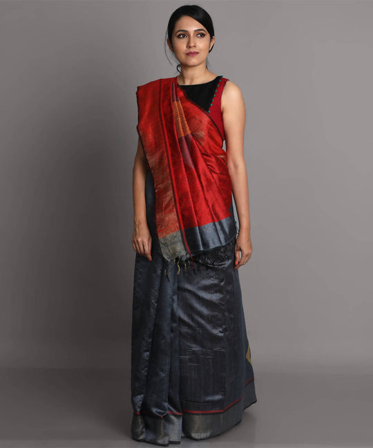 Grey and red handwoven tussar silk saree
