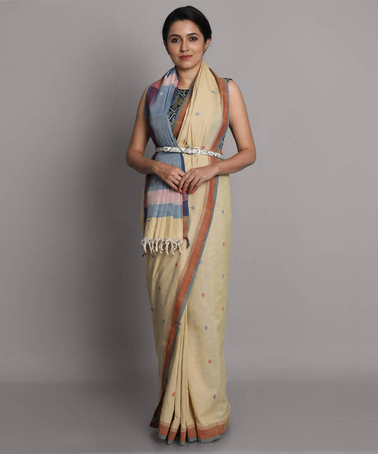 Beige jamdani cotton handwoven saree